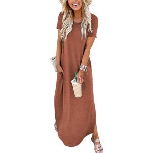 ANRABESS Womens Summer Maxi Dress Short Sleeve Casual Loose Long T Shirt Dresses Split Vacation Beach Sundress Travel Outfits(Brown)