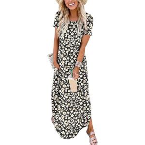 ANRABESS Womens Summer Maxi Dress Short Sleeve Casual Loose Long T Shirt Dresses Split Vacation Beach Sundress Travel Outfits(Floral Black)