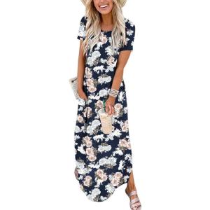 ANRABESS Womens Summer Maxi Dress Short Sleeve Casual Loose Long T Shirt Dresses Split Vacation Beach Sundress Travel Outfits(Floral Black Pink)