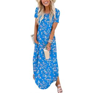 ANRABESS Womens Summer Maxi Dress Short Sleeve Casual Loose Long T Shirt Dresses Split Vacation Beach Sundress Travel Outfits(Floral Blue White Pink)