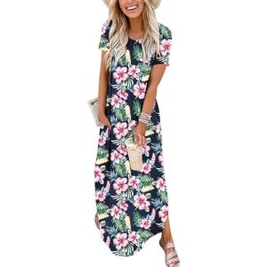 ANRABESS Womens Summer Maxi Dress Short Sleeve Casual Loose Long T Shirt Dresses Split Vacation Beach Sundress Travel Outfits(Floral Green Pink)