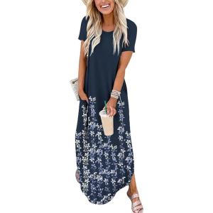 ANRABESS Womens Summer Maxi Dress Short Sleeve Casual Loose Long T Shirt Dresses Split Vacation Beach Sundress Travel Outfits(Floral Navy Blue)