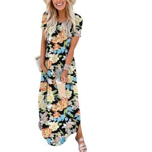ANRABESS Womens Summer Maxi Dress Short Sleeve Casual Loose Long T Shirt Dresses Split Vacation Beach Sundress Travel Outfits(Floral Orange Yellow)