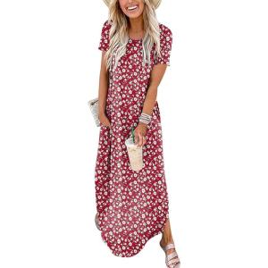 ANRABESS Womens Summer Maxi Dress Short Sleeve Casual Loose Long T Shirt Dresses Split Vacation Beach Sundress Travel Outfits(Floral Red)