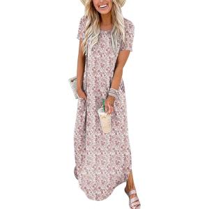 ANRABESS Womens Summer Maxi Dress Short Sleeve Casual Loose Long T Shirt Dresses Split Vacation Beach Sundress Travel Outfits(Floral White Pink)