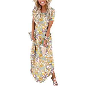 ANRABESS Womens Summer Maxi Dress Short Sleeve Casual Loose Long T Shirt Dresses Split Vacation Beach Sundress Travel Outfits(Floral Yellow)