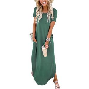 ANRABESS Womens Summer Maxi Dress Short Sleeve Casual Loose Long T Shirt Dresses Split Vacation Beach Sundress Travel Outfits(Grass)
