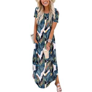 ANRABESS Womens Summer Maxi Dress Short Sleeve Casual Loose Long T Shirt Dresses Split Vacation Beach Sundress Travel Outfits(Leaf Printed)