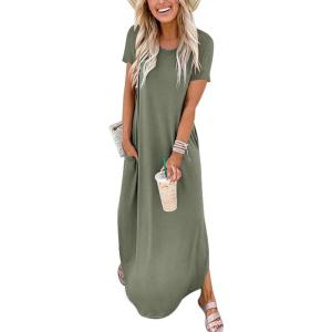 ANRABESS Womens Summer Maxi Dress Short Sleeve Casual Loose Long T Shirt Dresses Split Vacation Beach Sundress Travel Outfits(Olive)