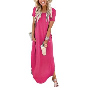 ANRABESS Womens Summer Maxi Dress Short Sleeve Casual Loose Long T Shirt Dresses Split Vacation Beach Sundress Travel Outfits(Pink)
