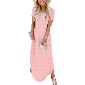 ANRABESS Womens Summer Maxi Dress Short Sleeve Casual Loose Long T Shirt Dresses Split Vacation Beach Sundress Travel Outfits(Pink White Dot)