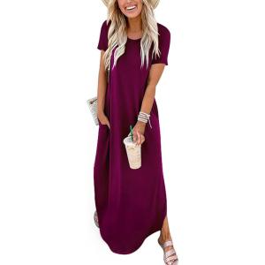 ANRABESS Womens Summer Maxi Dress Short Sleeve Casual Loose Long T Shirt Dresses Split Vacation Beach Sundress Travel Outfits(Purple)