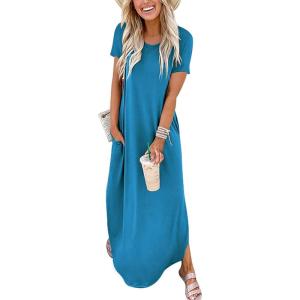 ANRABESS Womens Summer Maxi Dress Short Sleeve Casual Loose Long T Shirt Dresses Split Vacation Beach Sundress Travel Outfits(Sky)