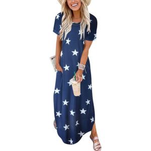 ANRABESS Womens Summer Maxi Dress Short Sleeve Casual Loose Long T Shirt Dresses Split Vacation Beach Sundress Travel Outfits(Star)