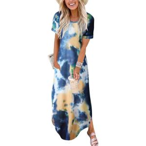 ANRABESS Womens Summer Maxi Dress Short Sleeve Casual Loose Long T Shirt Dresses Split Vacation Beach Sundress Travel Outfits(Tie Dye Orange)