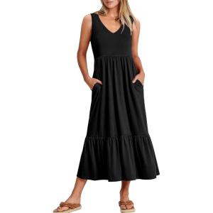 ANRABESS Womens Summer Maxi Dresses Fit & Flare Flowy V Neck Sleeveless Swing Casual Tiered Beach Sundress with Pockets(Black)