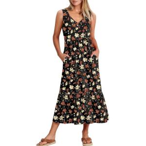 ANRABESS Womens Summer Maxi Dresses Fit & Flare Flowy V Neck Sleeveless Swing Casual Tiered Beach Sundress with Pockets(Black With Floral Red Yellow)