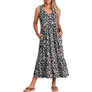 ANRABESS Womens Summer Maxi Dresses Fit & Flare Flowy V Neck Sleeveless Swing Casual Tiered Beach Sundress with Pockets(Black With Floral White)