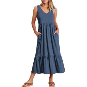 ANRABESS Womens Summer Maxi Dresses Fit & Flare Flowy V Neck Sleeveless Swing Casual Tiered Beach Sundress with Pockets(Blue)