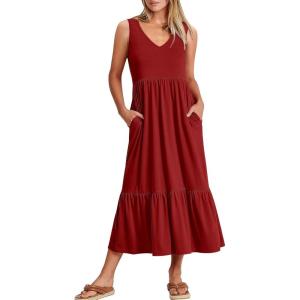 ANRABESS Womens Summer Maxi Dresses Fit & Flare Flowy V Neck Sleeveless Swing Casual Tiered Beach Sundress with Pockets(Burgundy)