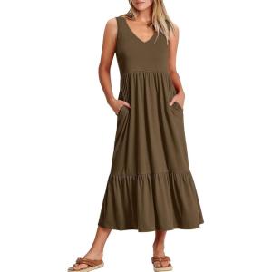 ANRABESS Womens Summer Maxi Dresses Fit & Flare Flowy V Neck Sleeveless Swing Casual Tiered Beach Sundress with Pockets(Coffee)