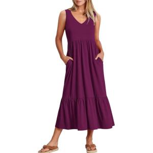 ANRABESS Womens Summer Maxi Dresses Fit & Flare Flowy V Neck Sleeveless Swing Casual Tiered Beach Sundress with Pockets(Dark Purple)