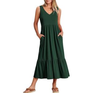 ANRABESS Womens Summer Maxi Dresses Fit & Flare Flowy V Neck Sleeveless Swing Casual Tiered Beach Sundress with Pockets(Deep Green)