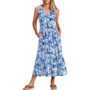 ANRABESS Womens Summer Maxi Dresses Fit & Flare Flowy V Neck Sleeveless Swing Casual Tiered Beach Sundress with Pockets(Floral Royal Blue)