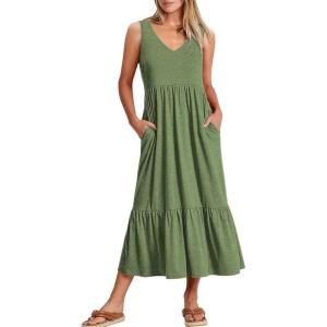 ANRABESS Womens Summer Maxi Dresses Fit & Flare Flowy V Neck Sleeveless Swing Casual Tiered Beach Sundress with Pockets(Green)