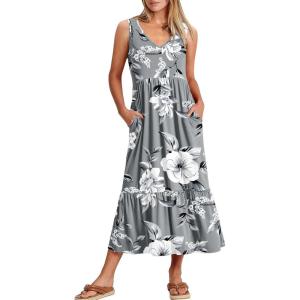 ANRABESS Womens Summer Maxi Dresses Fit & Flare Flowy V Neck Sleeveless Swing Casual Tiered Beach Sundress with Pockets(Grey With Floral White)
