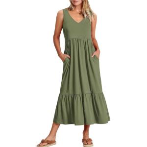 ANRABESS Womens Summer Maxi Dresses Fit & Flare Flowy V Neck Sleeveless Swing Casual Tiered Beach Sundress with Pockets(Olive)
