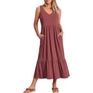ANRABESS Womens Summer Maxi Dresses Fit & Flare Flowy V Neck Sleeveless Swing Casual Tiered Beach Sundress with Pockets(Red)