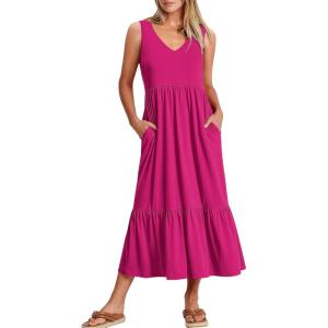 ANRABESS Womens Summer Maxi Dresses Fit & Flare Flowy V Neck Sleeveless Swing Casual Tiered Beach Sundress with Pockets(Rose)