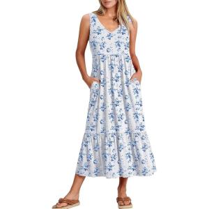 ANRABESS Womens Summer Maxi Dresses Fit & Flare Flowy V Neck Sleeveless Swing Casual Tiered Beach Sundress with Pockets(White With Floral Blue)