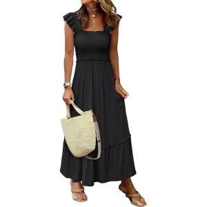 ANRABESS Womens Summer Sleeveless Maxi Dress Square Neck Smocked Boho Casual Ruffle Strap Flowy A-Line Long Beach Sundress(Black)