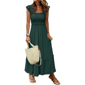 ANRABESS Womens Summer Sleeveless Maxi Dress Square Neck Smocked Boho Casual Ruffle Strap Flowy A-Line Long Beach Sundress(Deep Green)