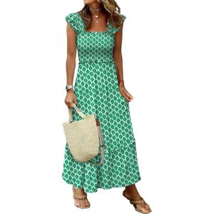 ANRABESS Womens Summer Sleeveless Maxi Dress Square Neck Smocked Boho Casual Ruffle Strap Flowy A-Line Long Beach Sundress(Green Floral)