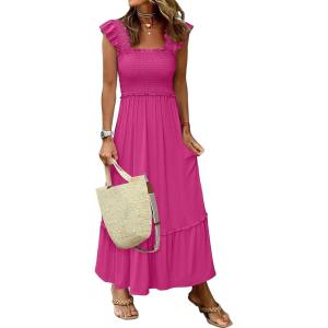ANRABESS Womens Summer Sleeveless Maxi Dress Square Neck Smocked Boho Casual Ruffle Strap Flowy A-Line Long Beach Sundress(Hot Pink)