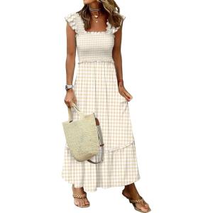 ANRABESS Womens Summer Sleeveless Maxi Dress Square Neck Smocked Boho Casual Ruffle Strap Flowy A-Line Long Beach Sundress(Khaki Plaid Beige)