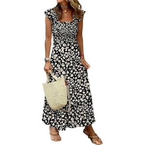 ANRABESS Womens Summer Sleeveless Maxi Dress Square Neck Smocked Boho Casual Ruffle Strap Flowy A-Line Long Beach Sundress(Print Floral Black)