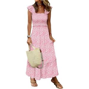 ANRABESS Womens Summer Sleeveless Maxi Dress Square Neck Smocked Boho Casual Ruffle Strap Flowy A-Line Long Beach Sundress(Print Floral Pink)