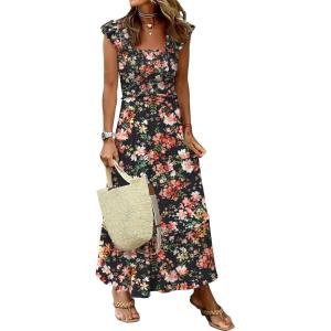 ANRABESS Womens Summer Sleeveless Maxi Dress Square Neck Smocked Boho Casual Ruffle Strap Flowy A-Line Long Beach Sundress(Print Orange Floral)