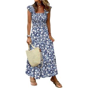 ANRABESS Womens Summer Sleeveless Maxi Dress Square Neck Smocked Boho Casual Ruffle Strap Flowy A-Line Long Beach Sundress(Print White Floral)