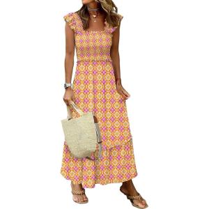 ANRABESS Womens Summer Sleeveless Maxi Dress Square Neck Smocked Boho Casual Ruffle Strap Flowy A-Line Long Beach Sundress(Print Yellow Purple)