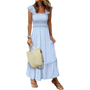 ANRABESS Womens Summer Sleeveless Maxi Dress Square Neck Smocked Boho Casual Ruffle Strap Flowy A-Line Long Beach Sundress(Sky Blue Plaid)