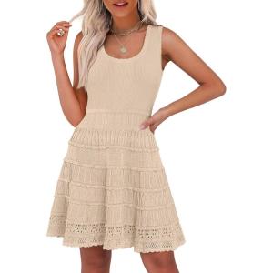 ANRABESS Womens Sundress Beach Vacation Mini Tank Dresses Summer Casual Crochet Knit Scoop Neck Sleeveless Dress(Beige)