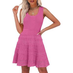 ANRABESS Womens Sundress Beach Vacation Mini Tank Dresses Summer Casual Crochet Knit Scoop Neck Sleeveless Dress(Hot Pink)
