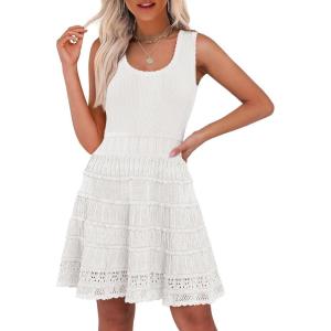 ANRABESS Womens Sundress Beach Vacation Mini Tank Dresses Summer Casual Crochet Knit Scoop Neck Sleeveless Dress(White)