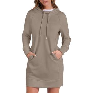 ANRABESS Womens Sweatshirt Dress Long Sleeve Hoodies Mini Dresses Fleece Casual Hoodie with Pockets 2025 Fall Fashion(Beige)