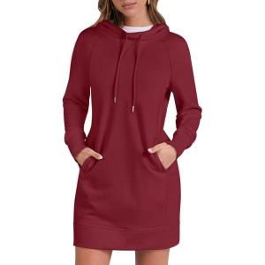 ANRABESS Womens Sweatshirt Dress Long Sleeve Hoodies Mini Dresses Fleece Casual Hoodie with Pockets 2025 Fall Fashion(Red)